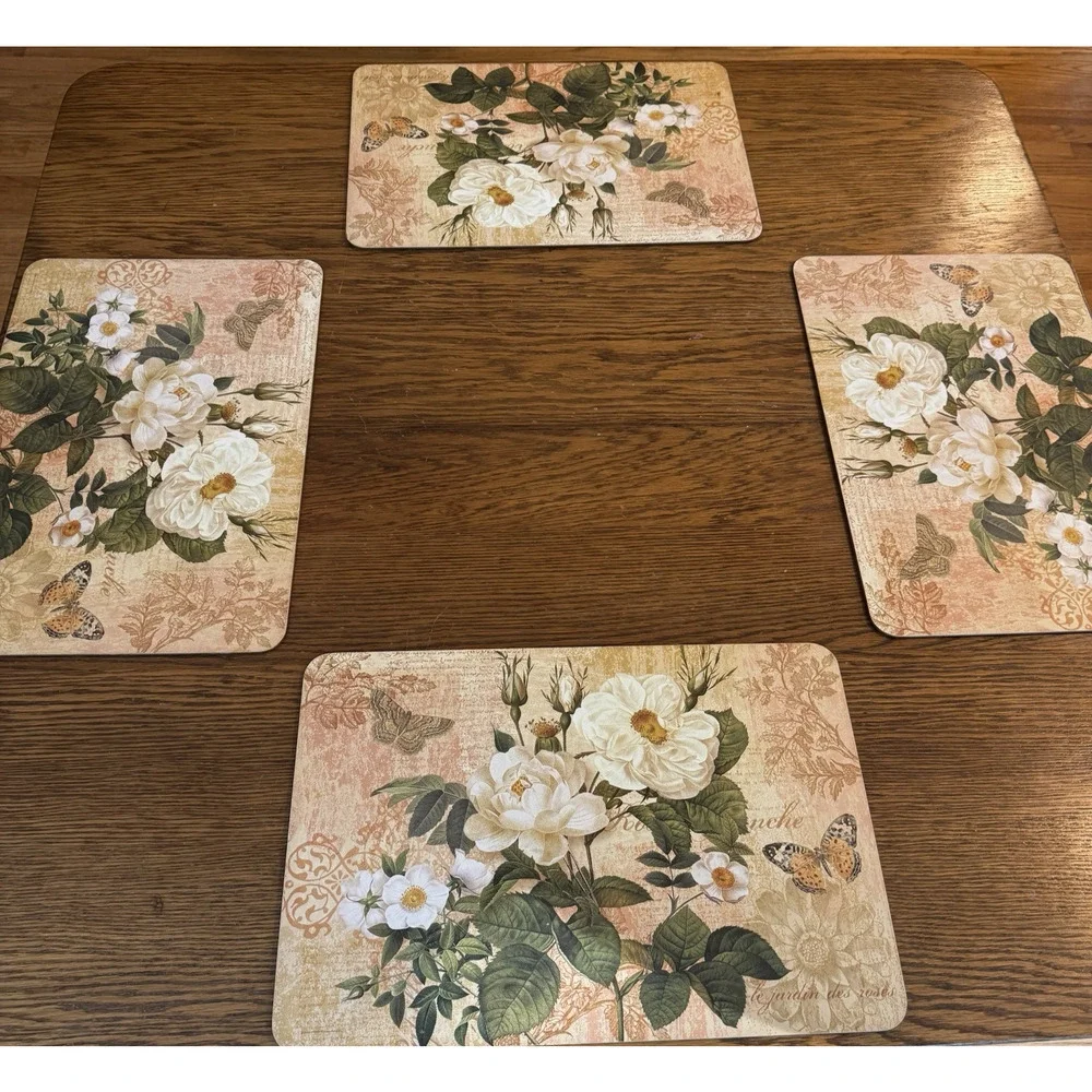 Vintage Roses‎ Placemats Set of 4 Cork Backing Hard Butterfly Floral Victorian